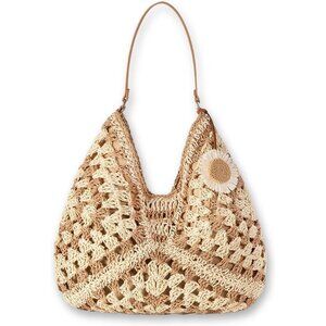 Women's Khaki Straw Beach Bag Vintage Hobo Shoulder Tote Summer Bag for Travel